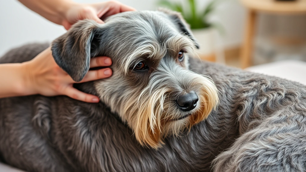 Elderly gray-muzzled dog receiving a gentle massage or physical therapy on its back leg from caring hands, therapeutic setting