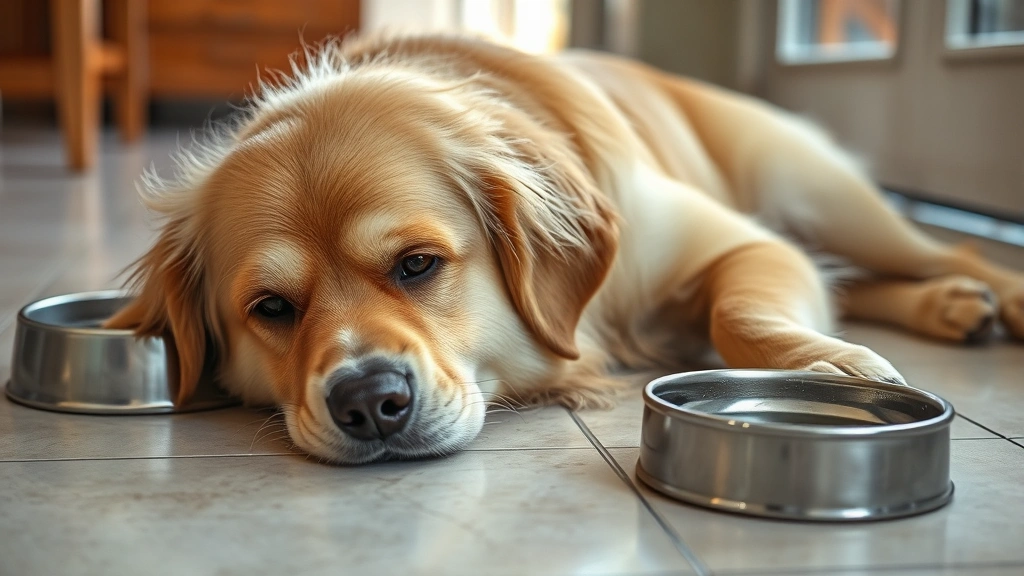 A golden retriever lying on a tile floor looking tired and thirsty, water bowl visible nearby, natural daylight from window
