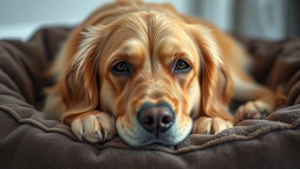 Golden Retriever with sad expression lying on comfortable dog bed, soft lighting, looking directly at camera with droopy eyes and worried expression