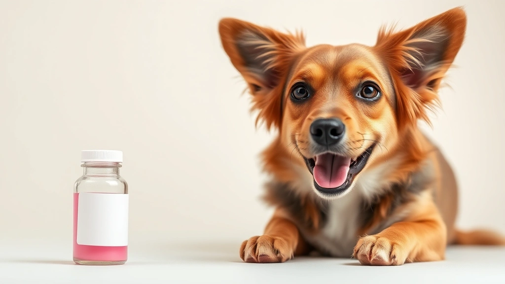 Close-up of small pink medicine bottle next to a happy, healthy-looking dog sitting attentively on light background, professional photography style