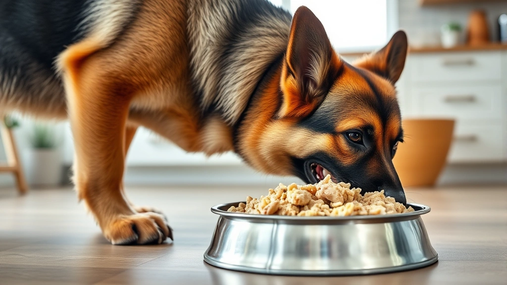 Large German Shepherd eating from a stainless steel food bowl filled with bland chicken and rice meal, bright kitchen setting, natural daylight