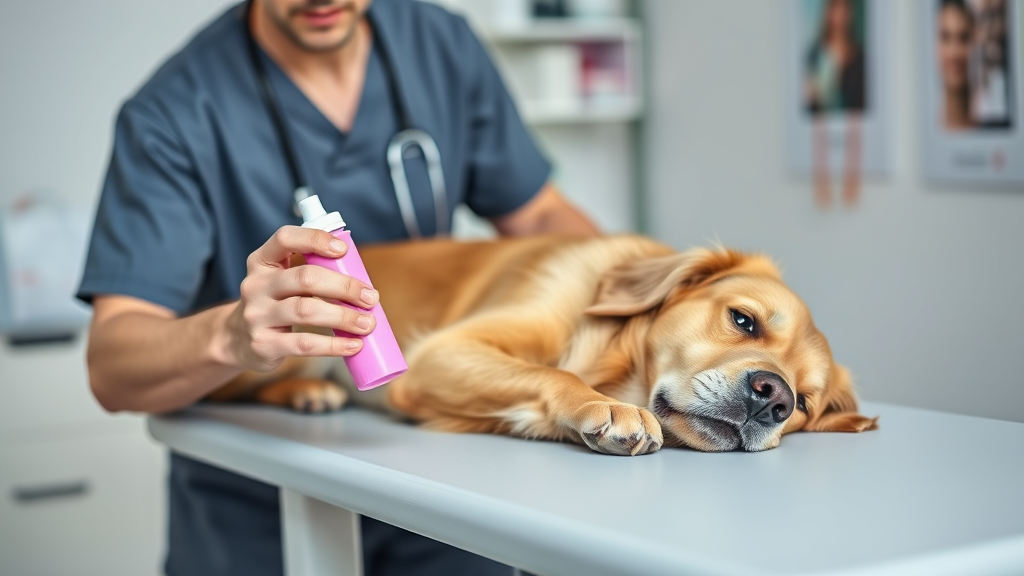 Concerned dog owner holding pink medicine bottle while looking at sick golden retriever lying on veterinary examination table, no text no words no letters