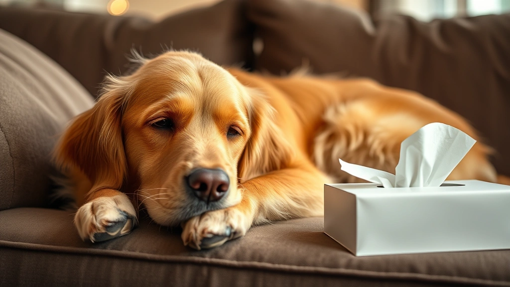Golden retriever resting on a couch next to a tissue box, looking peaceful and healthy, warm home lighting