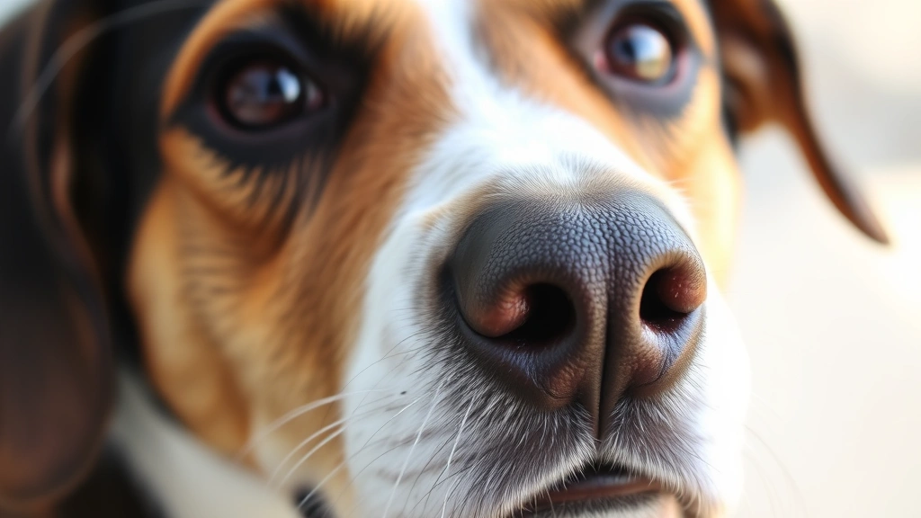 Close-up of a dog's face showing clear, healthy eyes and nose, calm expression, natural daylight