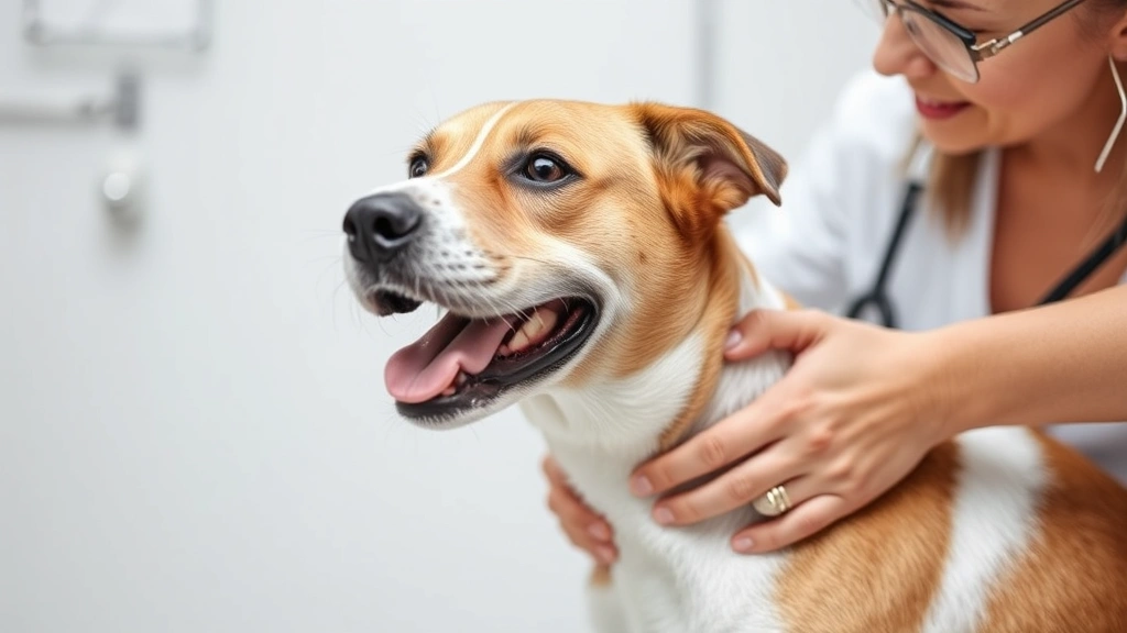 Dog being examined by veterinarian with stethoscope, professional clinical setting, both appearing cooperative