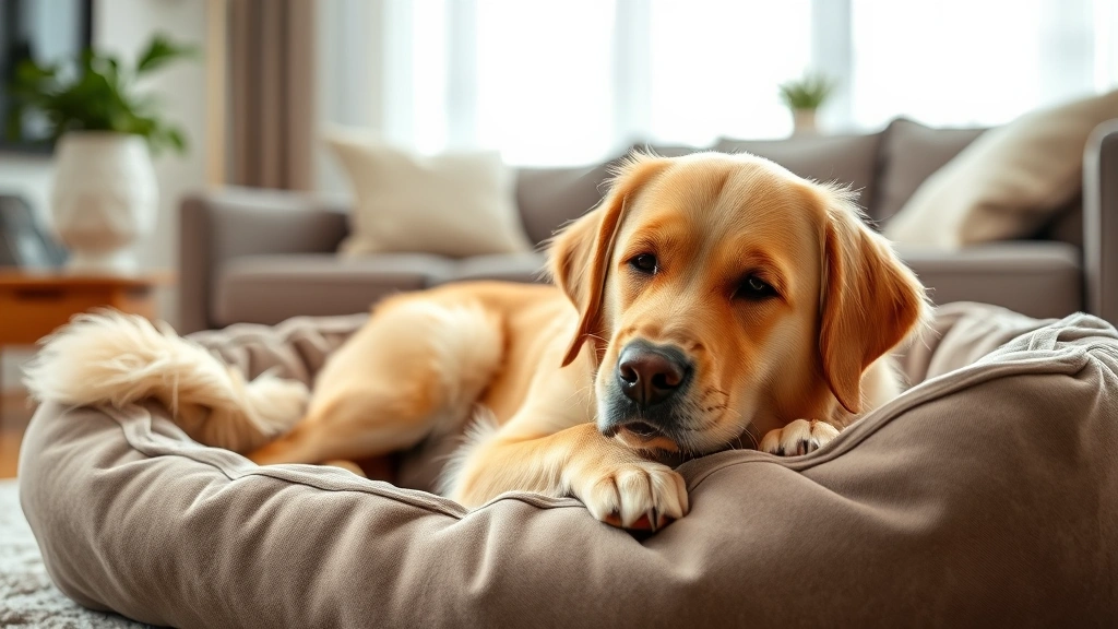 Golden retriever lying down on a comfortable dog bed looking slightly uncomfortable, soft home lighting, cozy living room background
