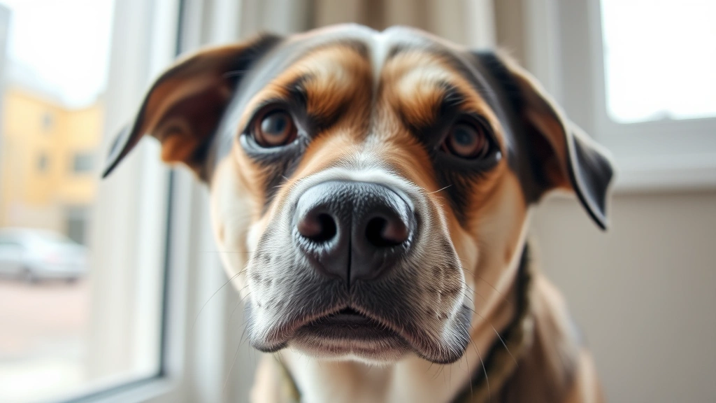 Close-up of a dog's face showing mild discomfort or concern, natural daylight from window, focused expression