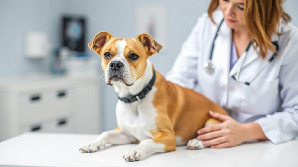 Veterinarian in white coat examining a brown and white dog on examination table with stethoscope, professional clinic setting, calm and caring atmosphere