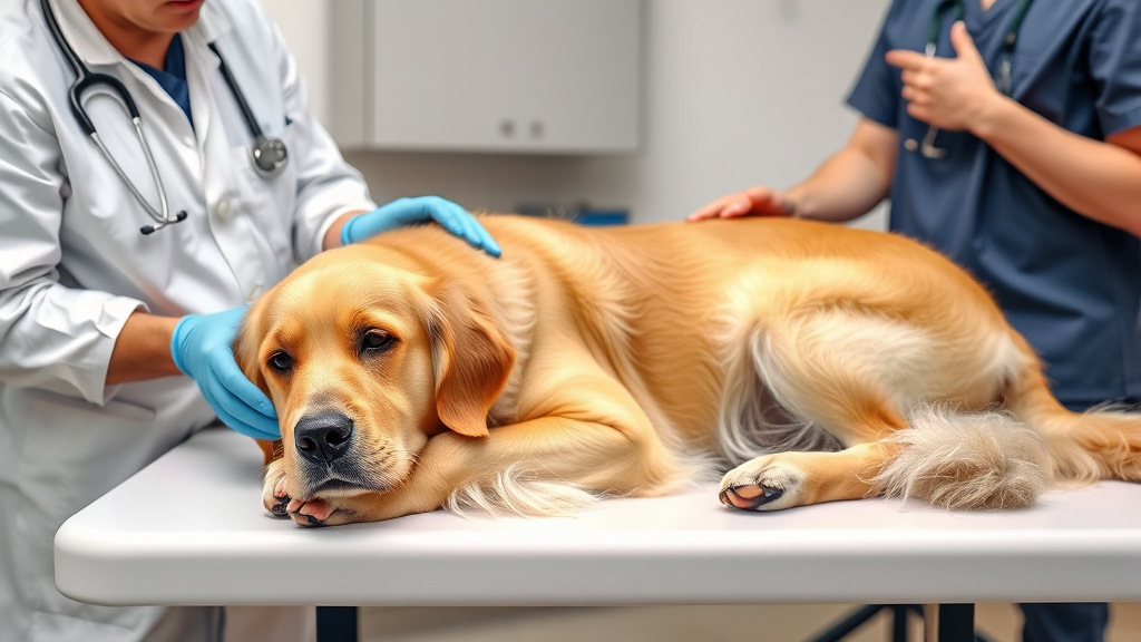 Golden retriever lying on veterinary examination table with concerned owner and veterinarian, no text no words no letters