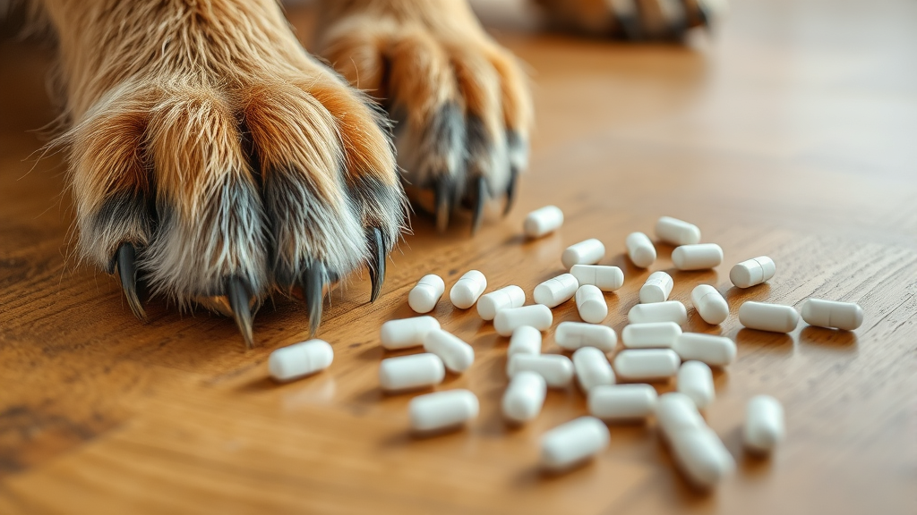 Close up of dog paws next to scattered white pills on wooden floor, no text no words no letters