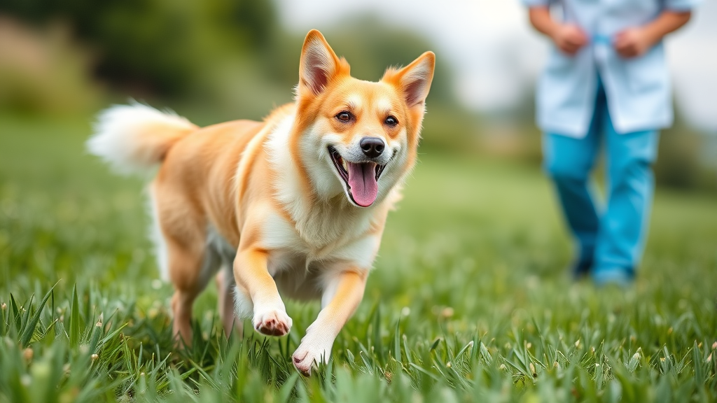 Happy healthy dog running in green field with veterinarian in background, no text no words no letters
