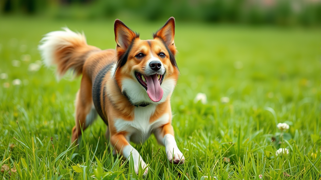 Happy healthy dog playing outdoors in green grass with natural pain relief through exercise and movement, no text no words no letters