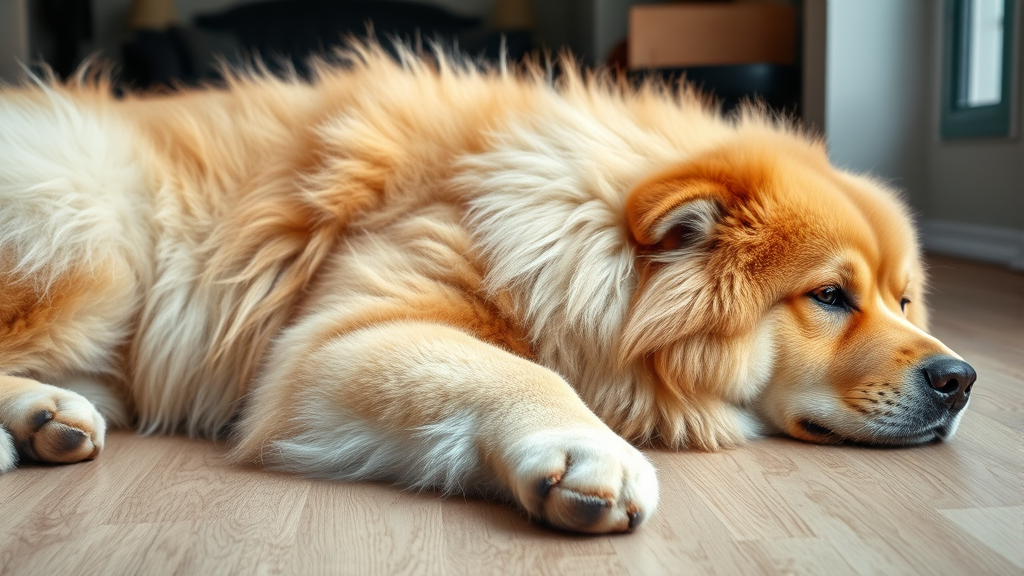 Massive fluffy dog breed with thick coat resting calmly indoors on wooden floor, no text no words no letters