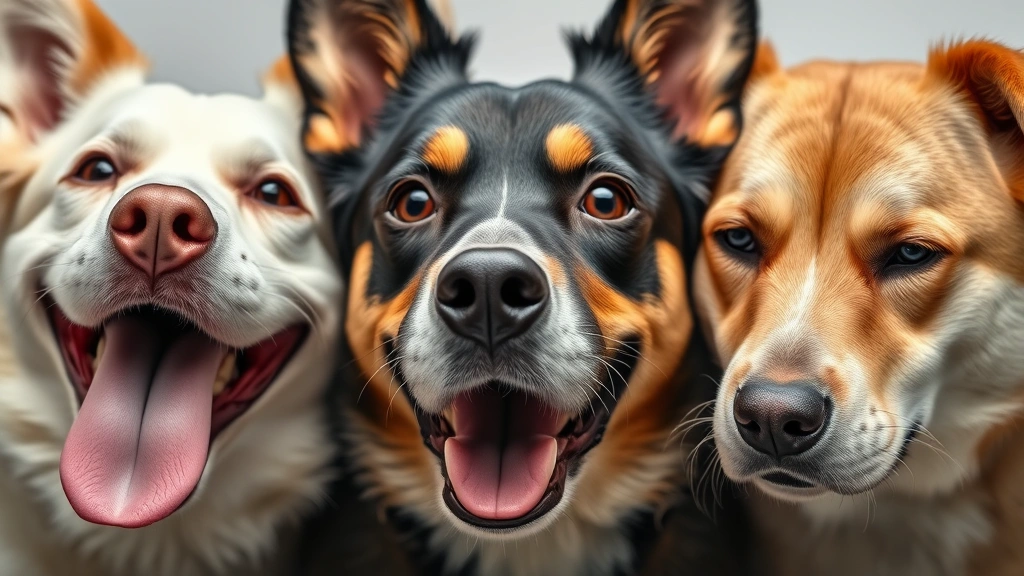 Close-up of various dog faces showing different emotions - one happy with tongue out, one alert, one calm and relaxed, all photorealistic