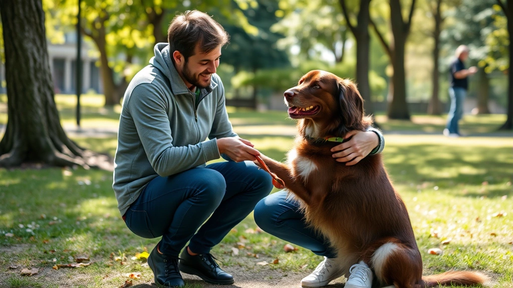 Person kneeling down to pet a friendly dog in a park, both appearing comfortable and content, natural daylight, peaceful atmosphere