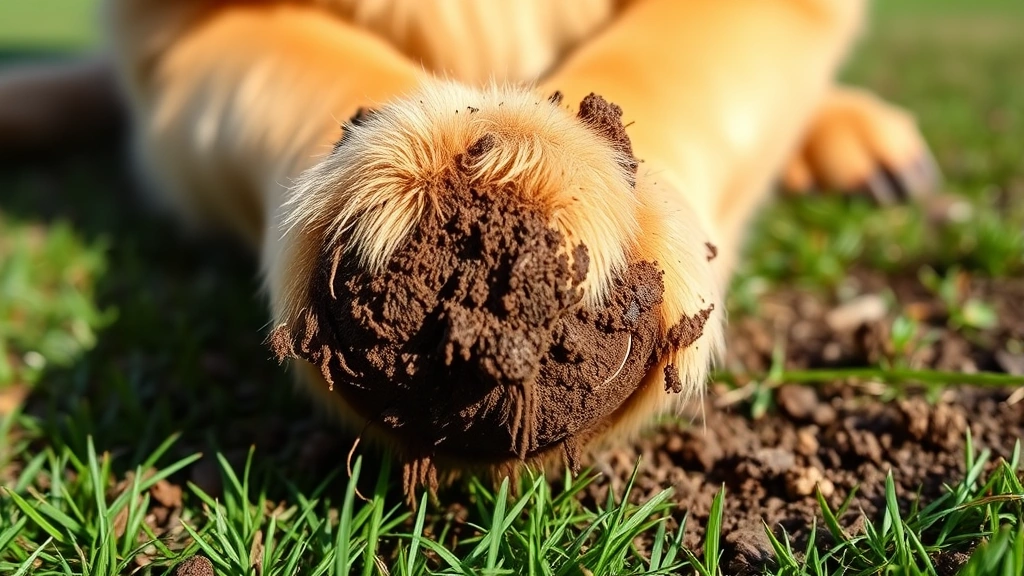 Close-up of a golden retriever's paw covered in mud and dirt, sitting on grass outdoors during daytime with natural lighting