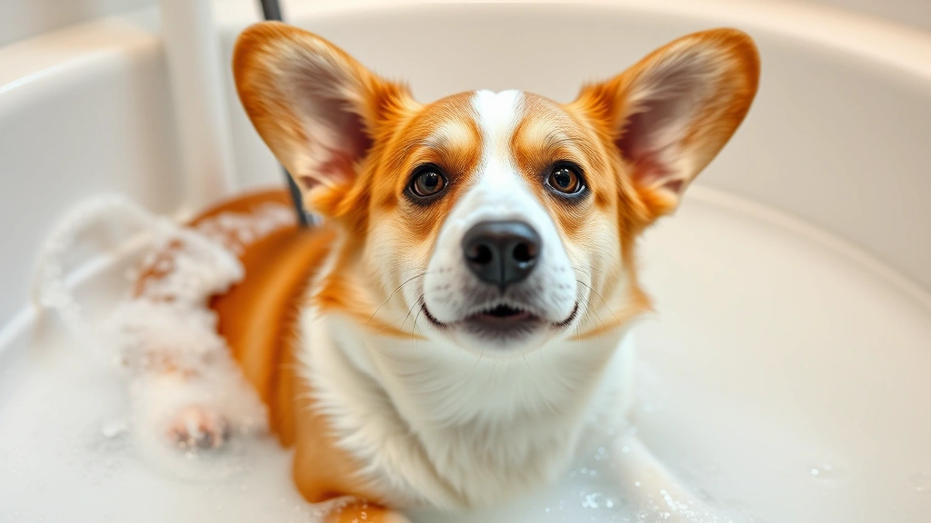 Adorable corgi getting a gentle bath with warm water and dog shampoo, sudsy coat glistening, relaxed expression in professional grooming tub