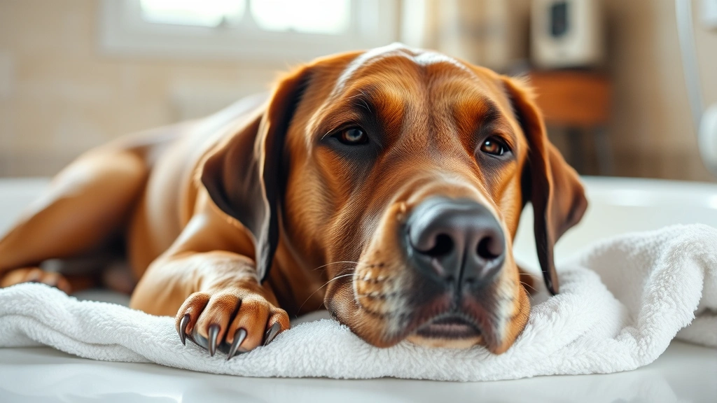 Happy labrador retriever lying on a soft towel after a bath, wet fur, peaceful expression, natural indoor lighting from window