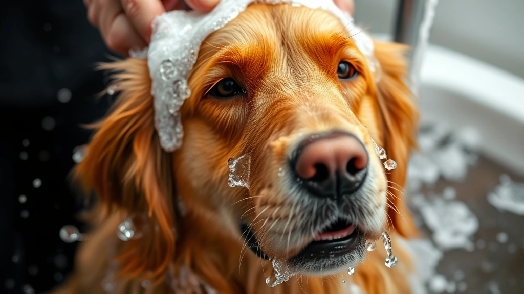 Golden retriever being bathed with water and shampoo lather, close-up of wet fur and soap bubbles, professional grooming environment
