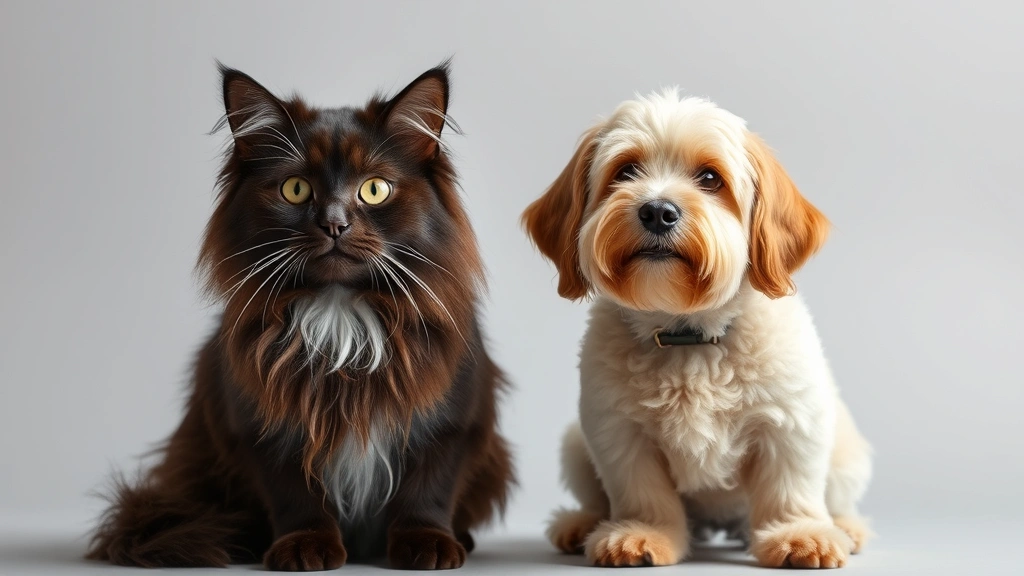 Cat and dog sitting side by side, both freshly groomed, showing different coat types and textures, studio lighting on neutral background