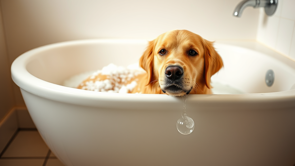 Golden retriever being gently bathed with soap bubbles in bathtub, warm lighting, clean bathroom setting, no text no words no letters