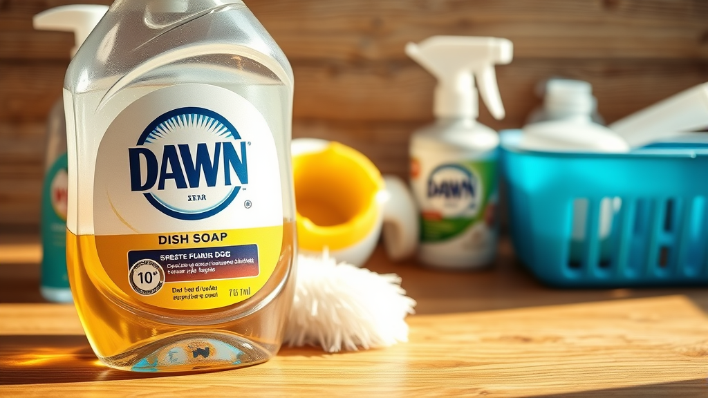 Close up of Dawn dish soap bottle next to dog grooming supplies on wooden surface, natural lighting, no text no words no letters