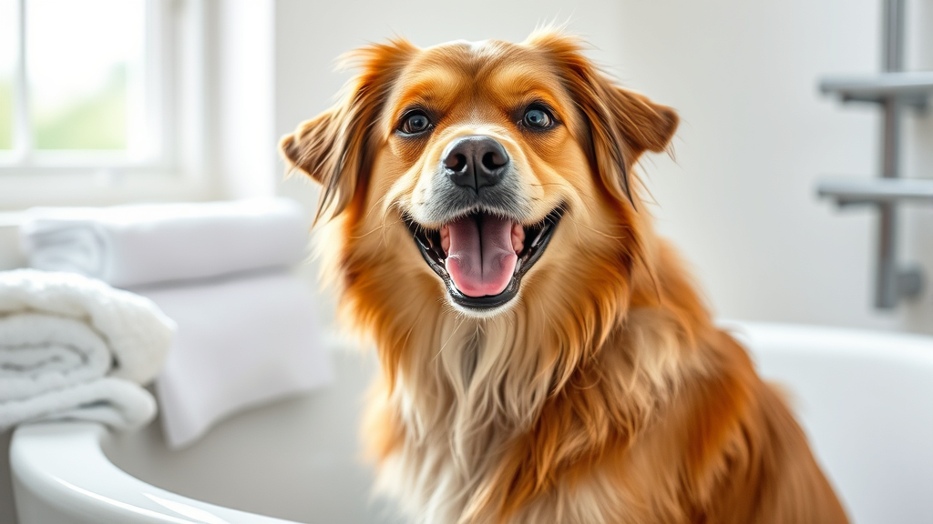 Happy clean dog with fluffy dry coat after bath, towels nearby, bright bathroom, satisfied expression, no text no words no letters