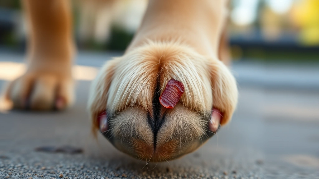 Close-up of a golden retriever's paw with a small scrape or cut, natural outdoor lighting, shallow depth of field, photorealistic