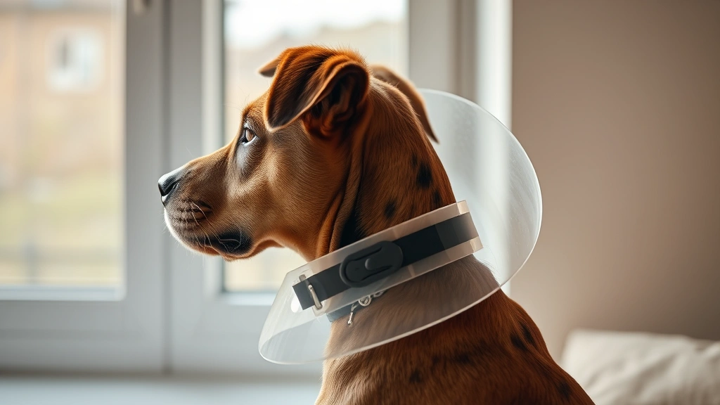 Dog wearing transparent Elizabethan cone collar looking out a window, peaceful indoor setting, soft natural light, photorealistic style