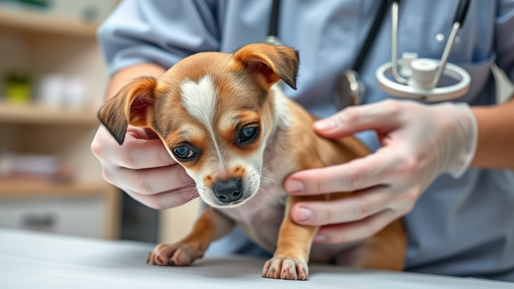 Veterinarian examining a small dog's wound with gentle hands during examination, clinical but warm setting, professional healthcare environment, photorealistic
