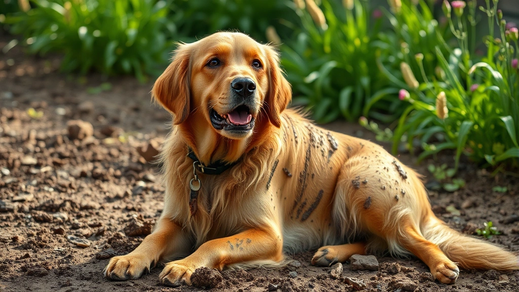 Golden retriever covered in mud and dirt, sitting in a garden, looking sheepish and playful, natural outdoor lighting