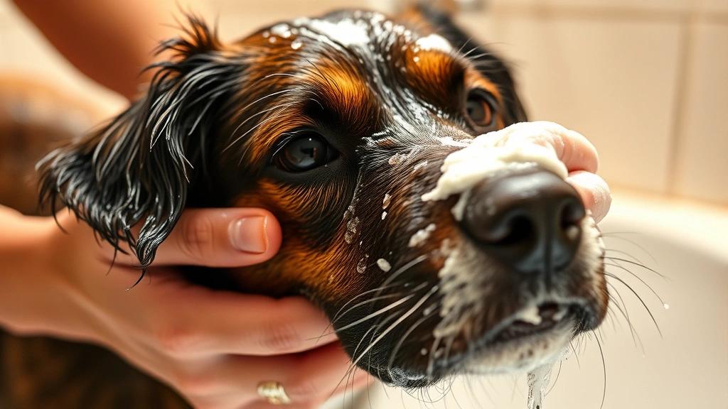 Close-up of dog's wet fur being gently lathered with soap during bath time, hands carefully washing coat, warm bathroom lighting