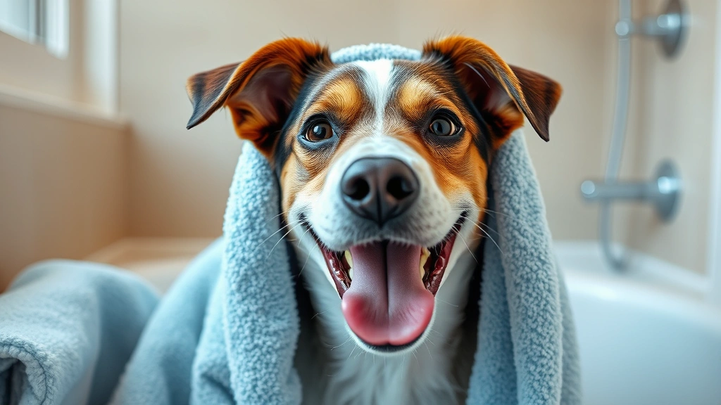Happy clean dog after bath wrapped in fluffy towel, shaking off water droplets, bright and cheerful expression, indoor setting