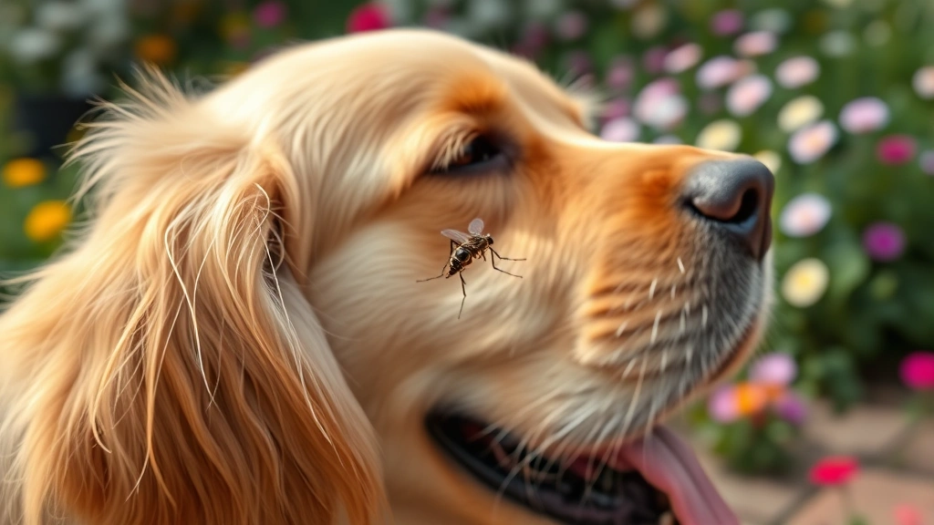 Close-up of a golden retriever's ear with a mosquito approaching, outdoor garden setting with flowers, natural daylight, photorealistic