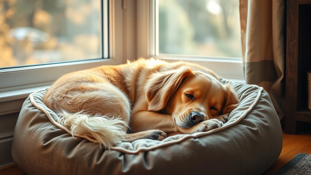 Golden retriever resting peacefully indoors by a window on a comfortable dog bed, warm natural lighting, cozy home environment, photorealistic