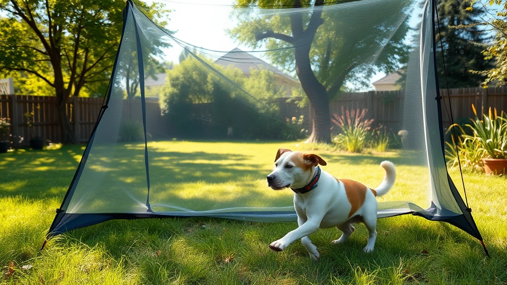 Dog playing in a backyard with a mosquito net tent structure visible, lush grass and trees in background, sunny afternoon, photorealistic