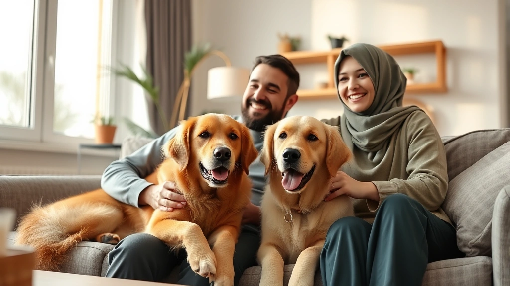 A Muslim family in modern home sitting on couch with a golden retriever, smiling warmly, afternoon sunlight through windows, peaceful domestic scene