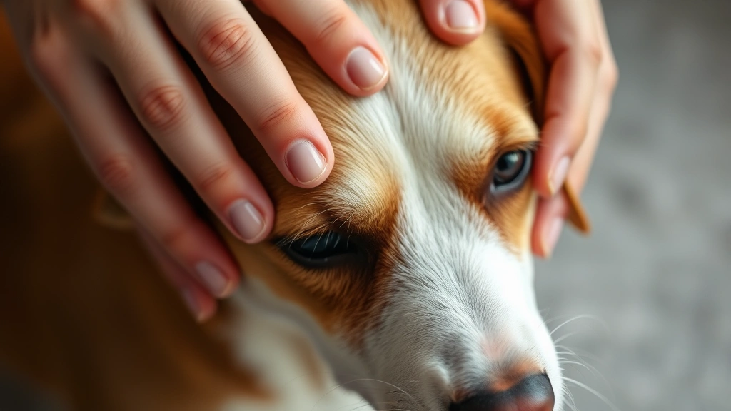 Close-up of hands gently petting a brown and white dog's head, showing care and affection, soft natural lighting, tender moment