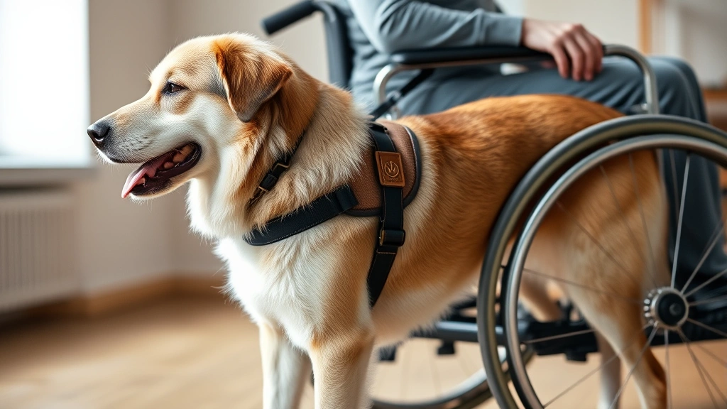 A service dog with harness standing beside person in wheelchair indoors, both in profile, showing companionship and assistance, professional setting