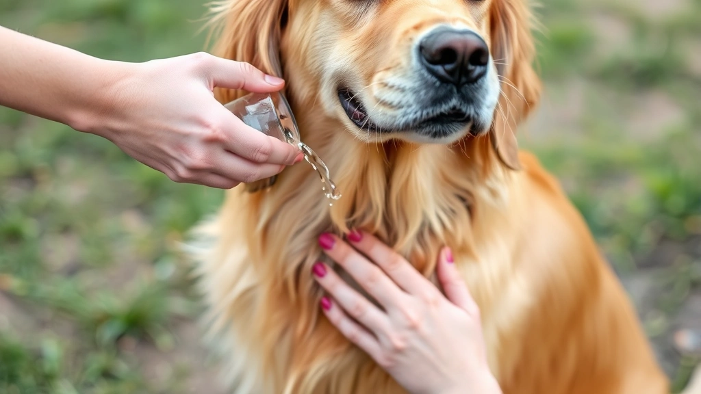 Golden retriever with a small cut on its front leg, being gently cleaned with water by a person's hand, outdoor setting with natural lighting