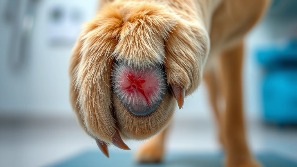 Close-up of a dog's paw pad showing a minor scrape or wound, shallow depth of field, veterinary clinic background blurred