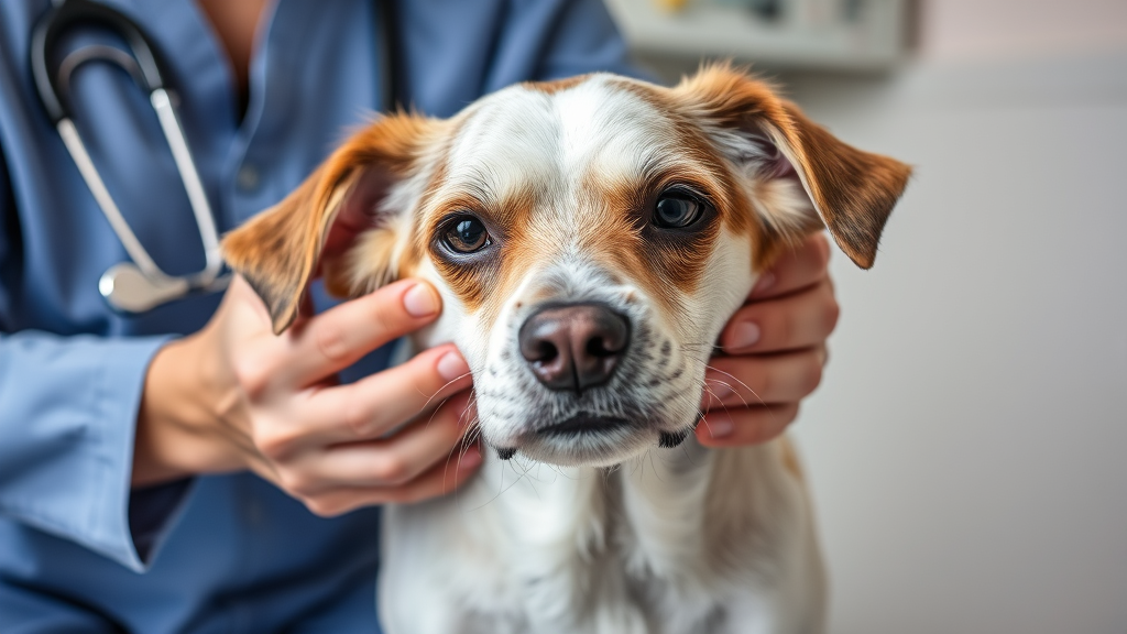 Elderly dog receiving gentle veterinary examination, caring hands checking health, clinical setting, no text no words no letters