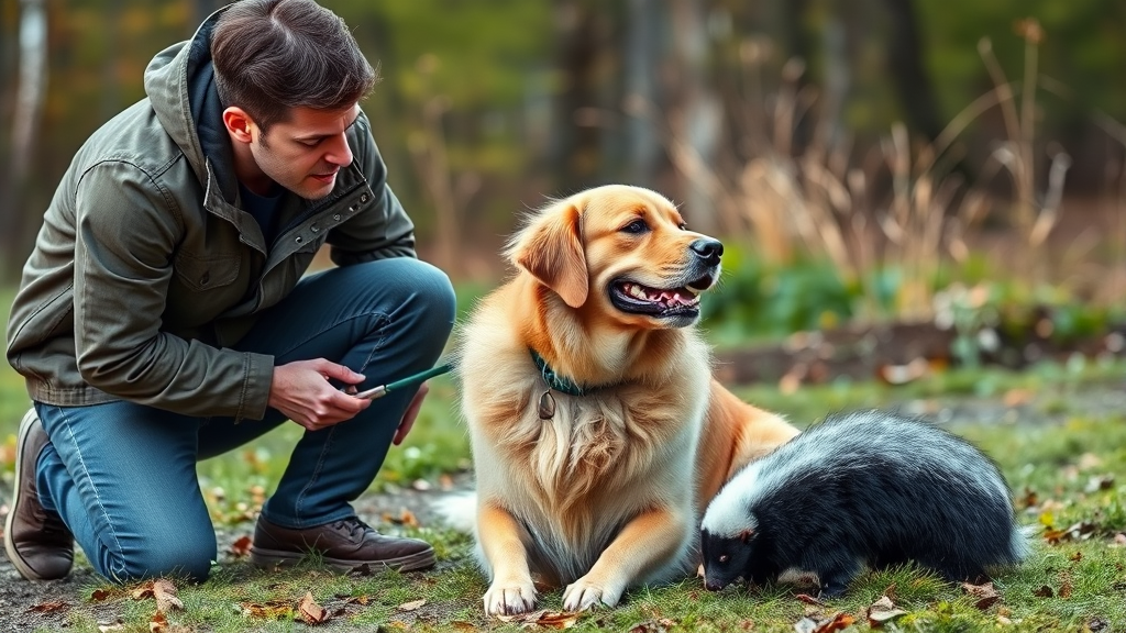 Concerned dog owner kneeling beside golden retriever outdoors after skunk encounter, veterinary care concept, no text no words no letters