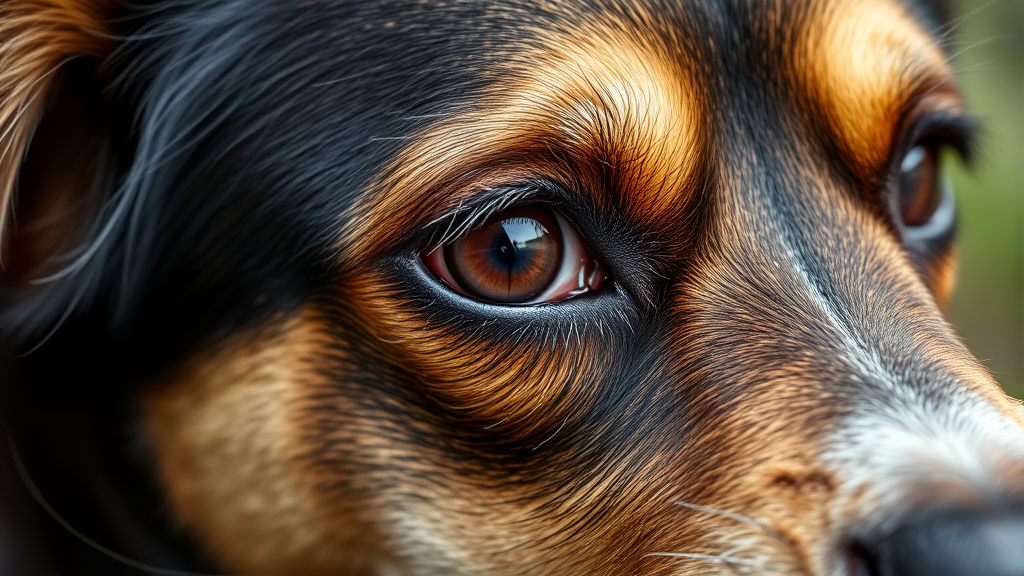 Close up of dog's face showing eye irritation and distress from skunk spray, emergency pet care, no text no words no letters