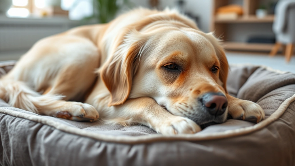 Golden retriever lying down on a comfortable dog bed, looking slightly uncomfortable or in pain, with a concerned expression, indoor home setting