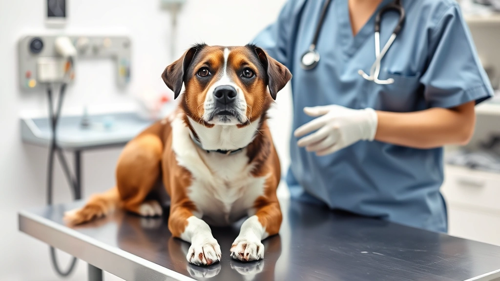 Veterinarian examining a brown and white dog on an examination table during a check-up, professional clinic environment with medical equipment visible