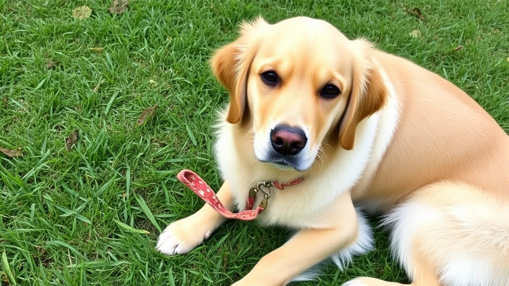 Golden retriever with a minor cut on its paw, sitting outdoors on grass, looking at camera with gentle expression, natural daylight