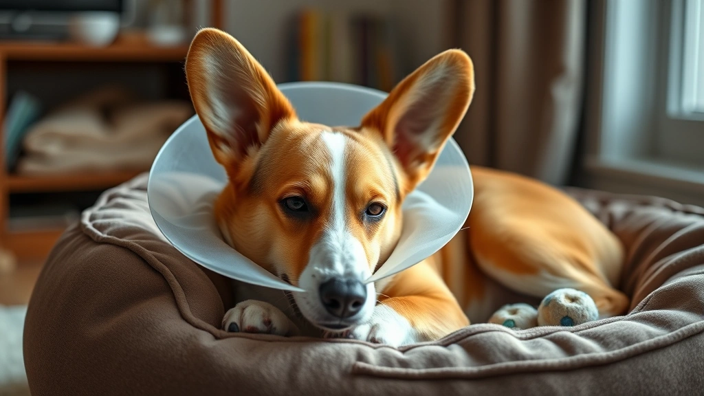 Corgi wearing an Elizabethan cone collar while resting on a dog bed indoors, peaceful and comfortable expression, soft lighting