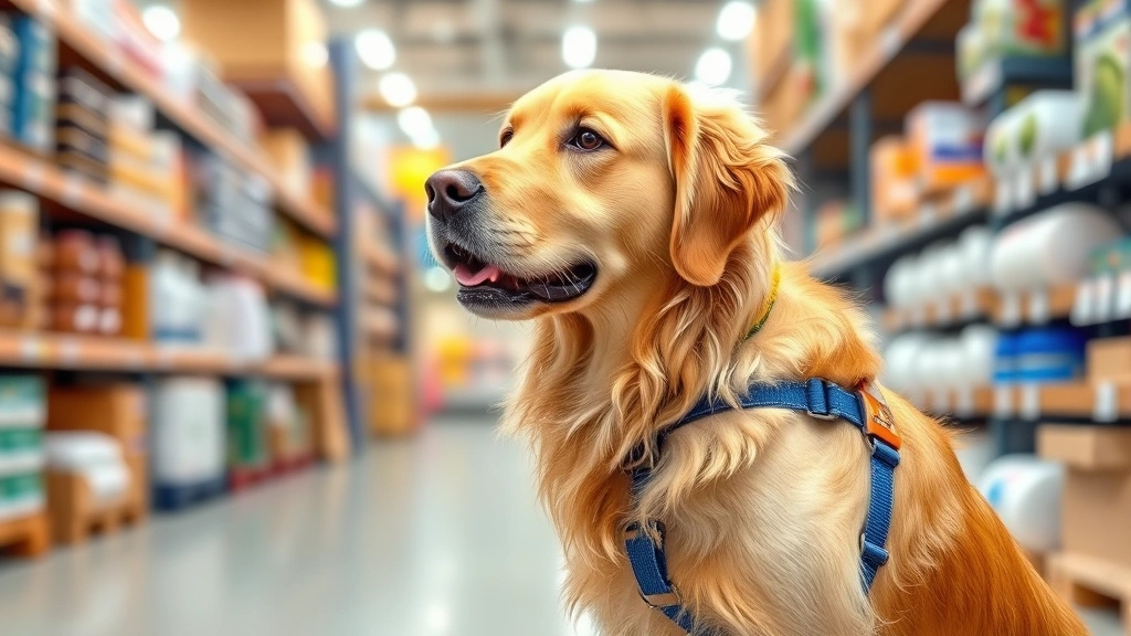 Golden retriever wearing a blue harness standing in a bright, spacious home improvement store aisle with shelves of supplies in soft focus background