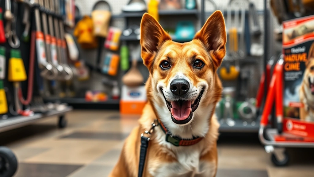 Friendly medium-sized mixed breed dog sitting attentively on a leash next to a hardware store display, alert and calm expression